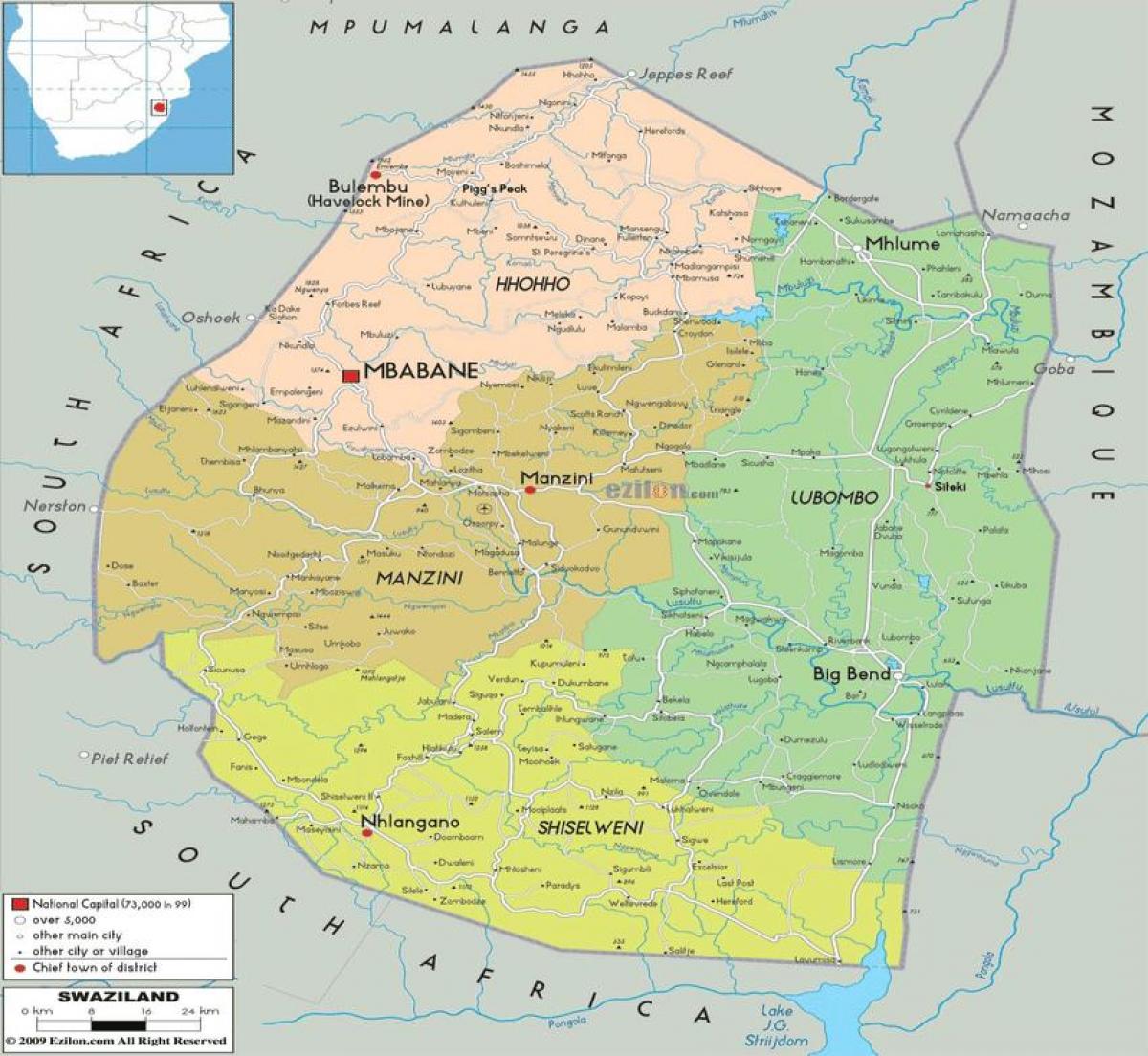 Žemėlapis Svazilandas regionuose